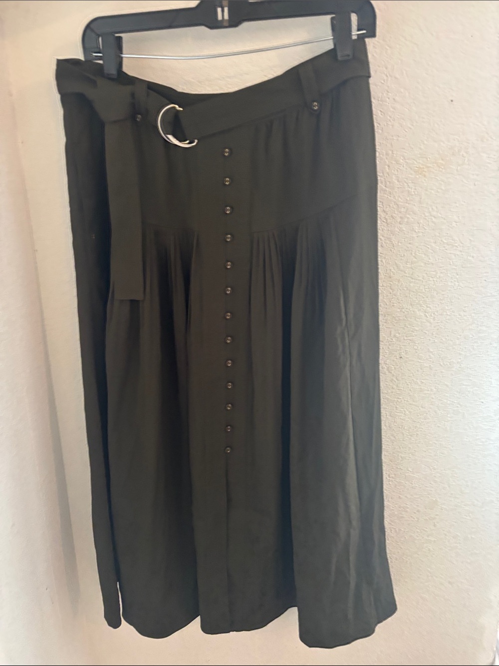 White House Black Market Olive Green Button-Front Midi Skirt with Belt
